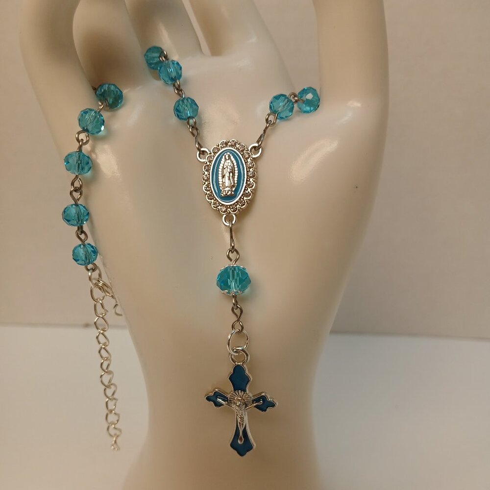 Blue Crystal and Enamel - Rosary for Rearview Mirror - Mini Rosary